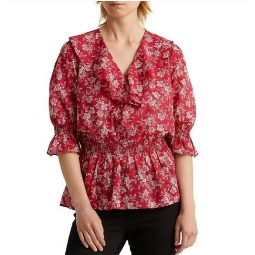 Lauren Ralph Lauren Red Floral Ruffle Romantic Boho Peasant Blouse Shirt Sz XXS